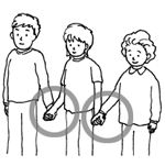 three persons are holding hands each other