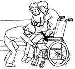 two persons are shifting the patient from the bed to the wheelchair